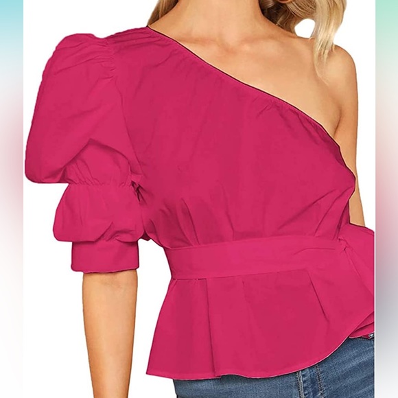 NWOT Women's One Shoulder Short Puff Sleeve Self Belted Solid Blouse Top - Picture 13 of 15